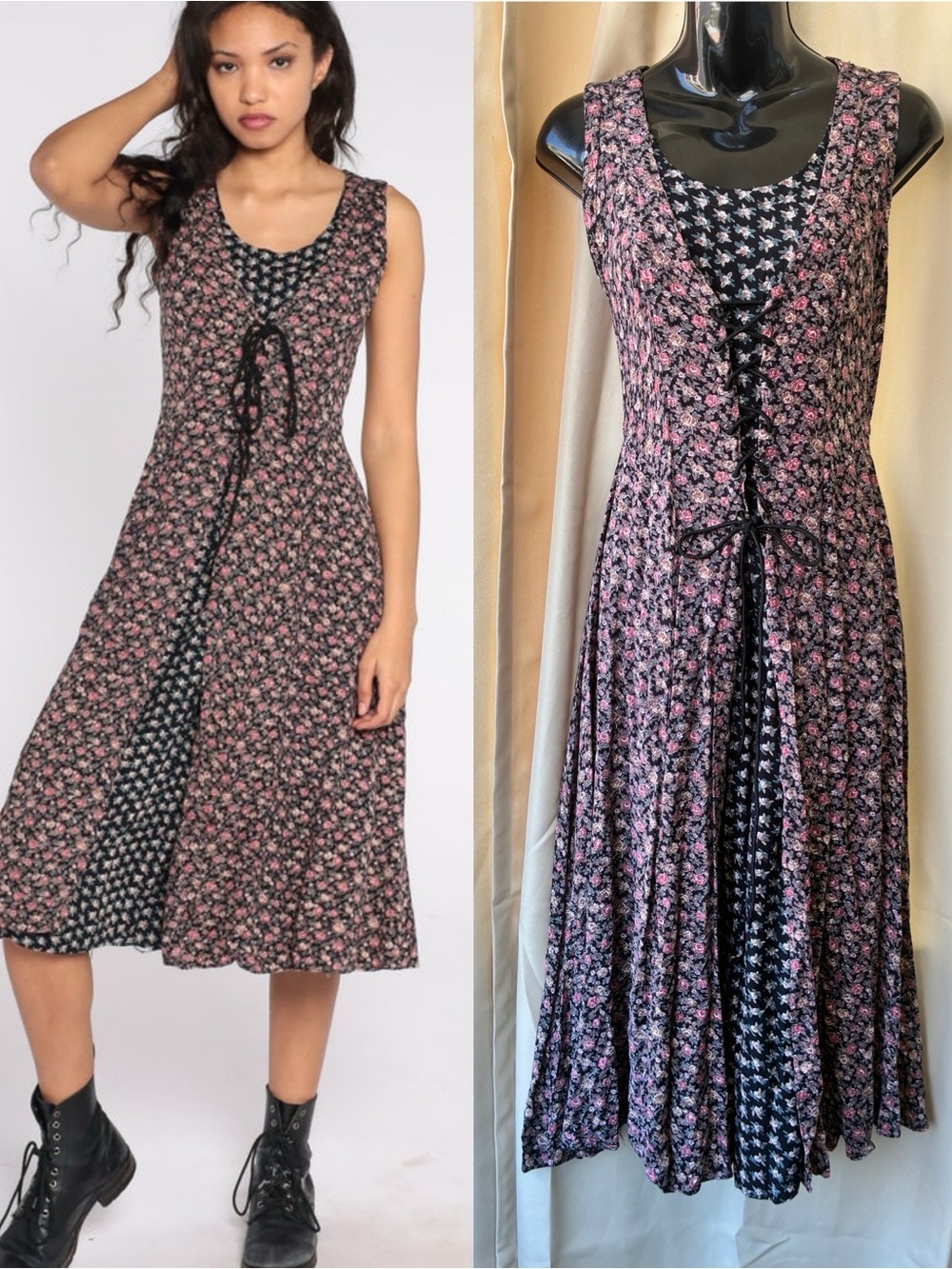 Vintage 90s Calico Print Midi Dress Corset Lace-up Coquette Grunge Whimsigoth